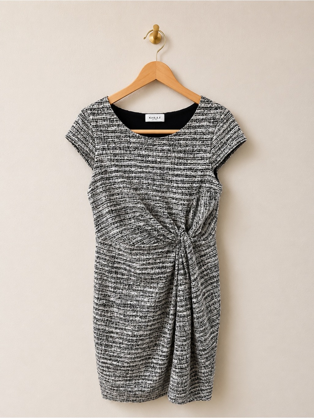 Gilli Black & White Tweed Print Sheath Dress Size Small Side Tie Career Office